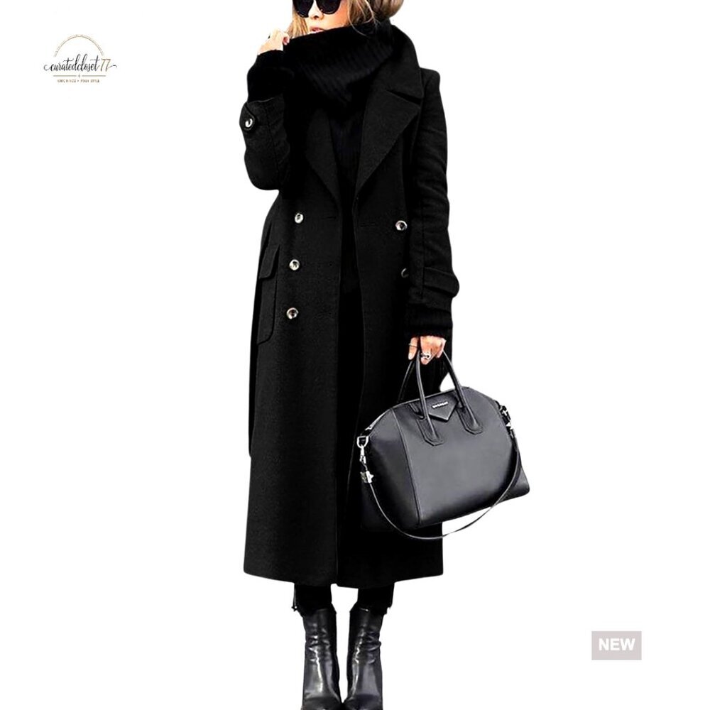 Women's Wool Blend Pea Coat with Belt, Double Breasted, Long Sleeve